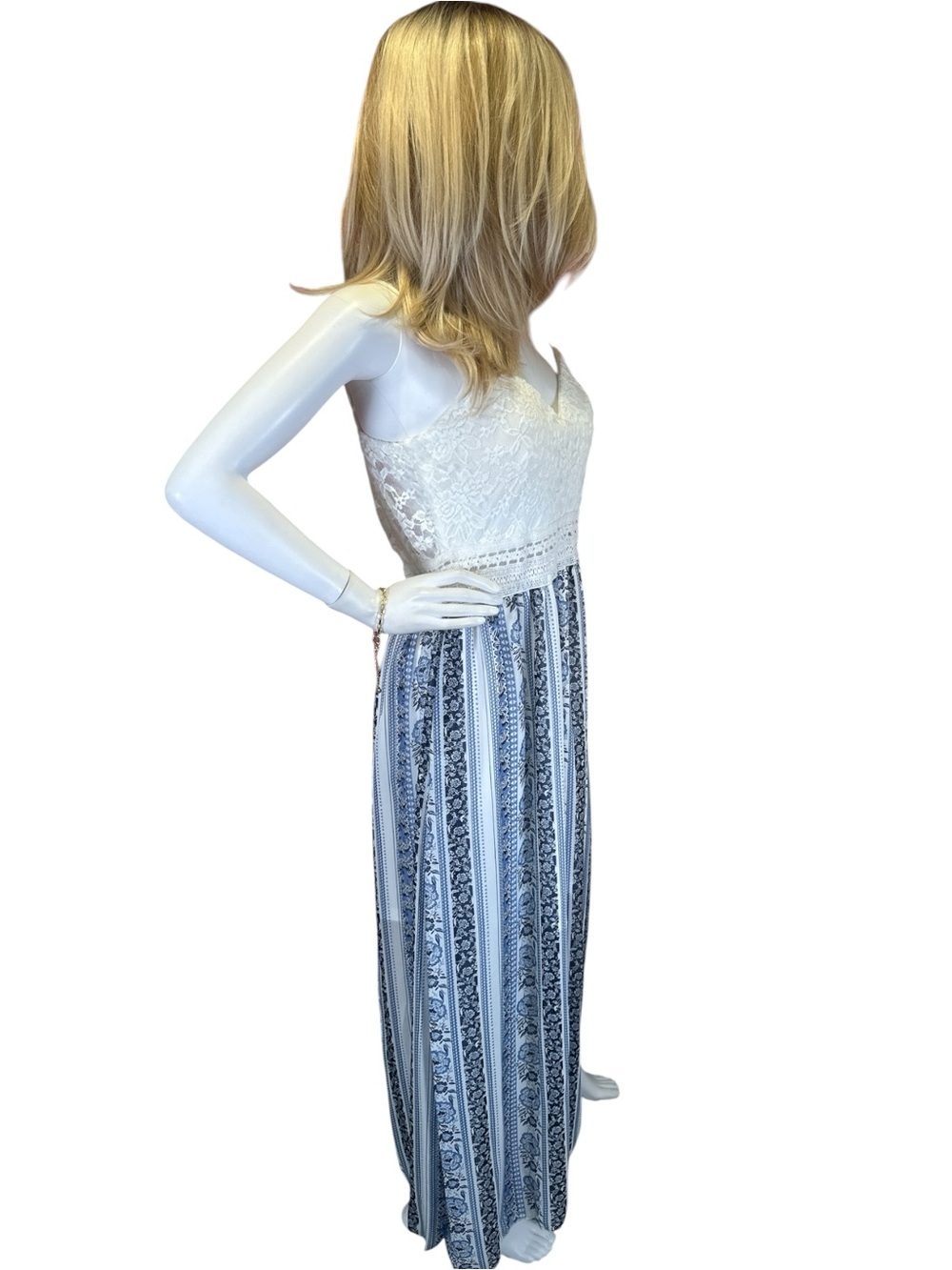 J for Justify Cream Crochet Bodice Blue Striped Maxi Dress - Picture 4 of 9